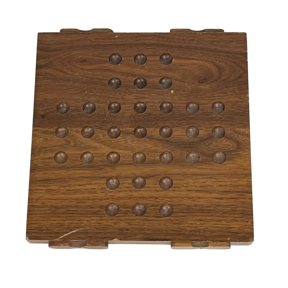 Vintage Woodcraft Wooden Solitaire Board Game with Marbles